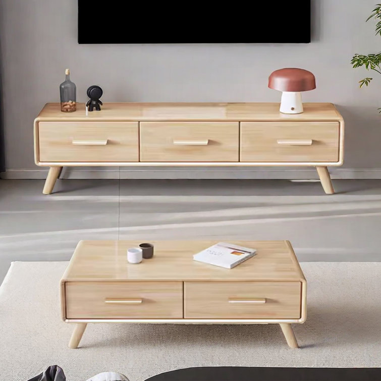 EXCEEB Durable Rubberwood TV And Coffee Table Set 2 Piece Solid Wood